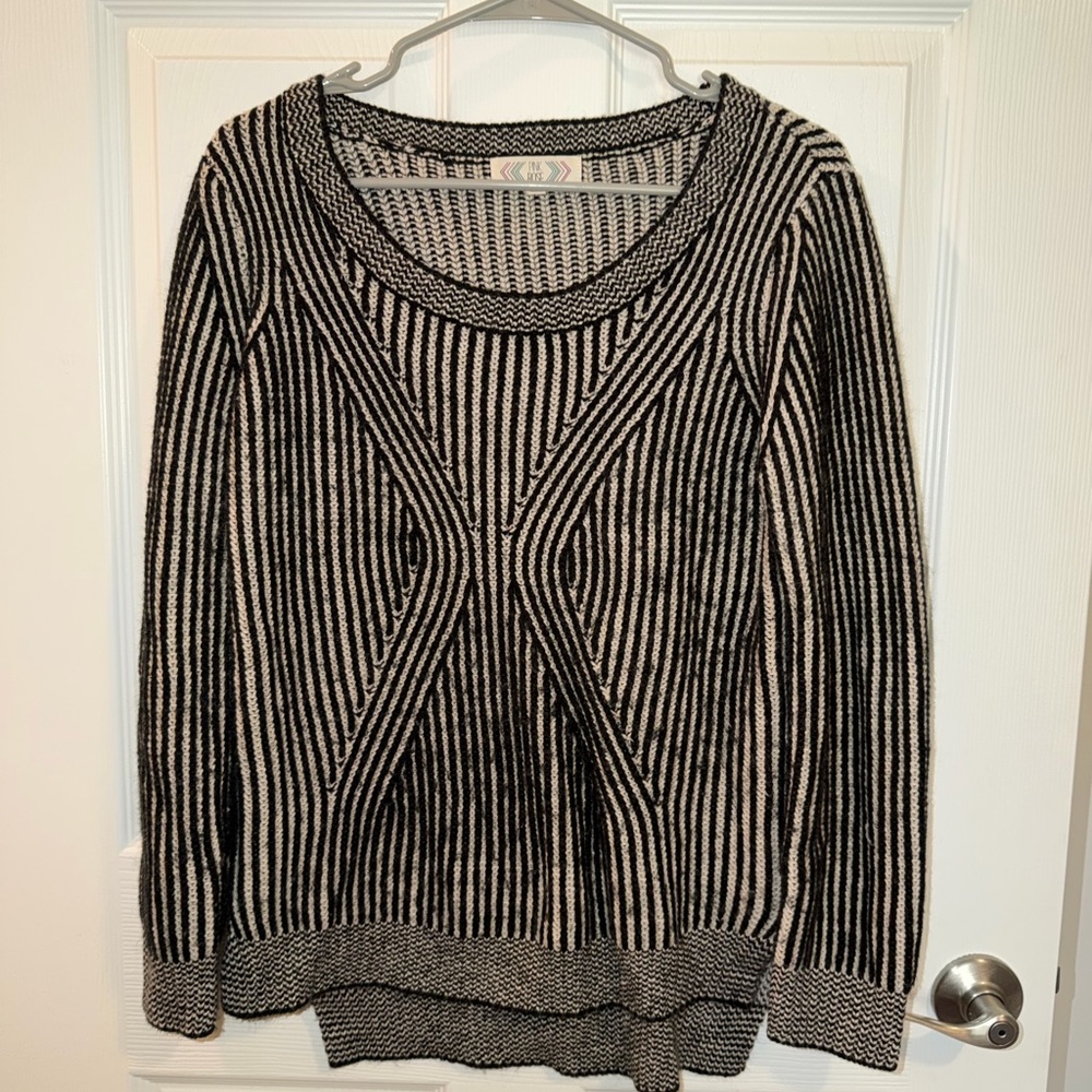 Pink Rose Black and Cream Striped Scoop Neck Sweater